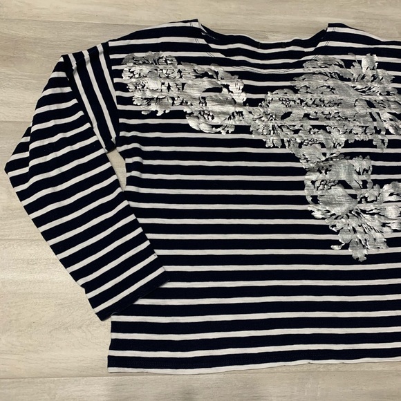 J. Crew Navy Striped Silver Floral Long Sleeve L - Picture 3 of 6